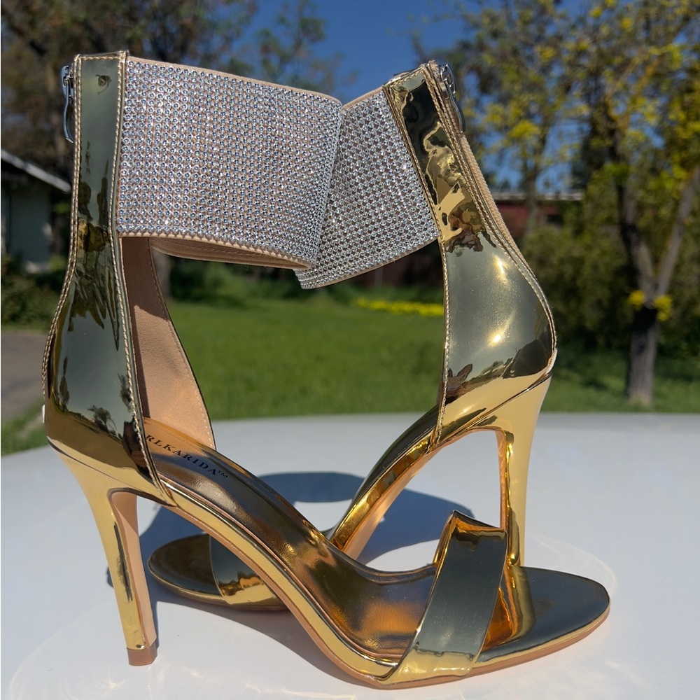 Gold Metallic Rhinestone Ankle-Strap High Heel Sandals - Women size 9